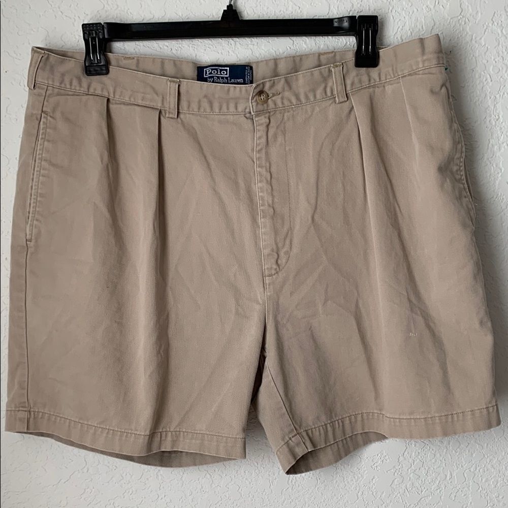 Polo by Ralph Lauren Chino Cotton Tan Flat Front Andrew Shorts Pockets Size 42
